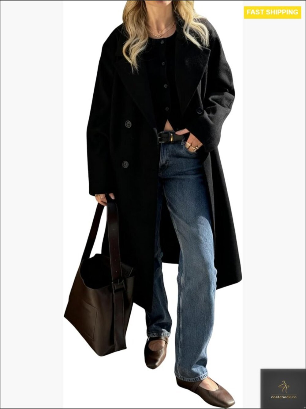 Long Wool Blend Pea Coat Double Breasted Notch Lapel Classic Winter
